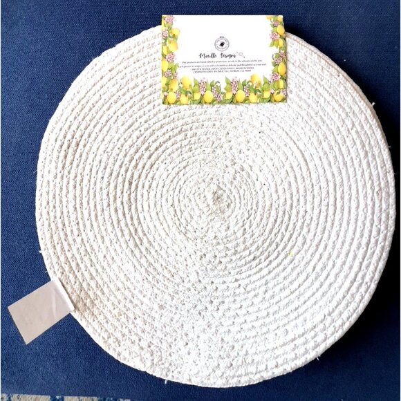 4 pc LEMONS Braided Placemat Set 15” Rnd Blue Edge Yellow Plum Flowers Easy Care - Picture 5 of 6